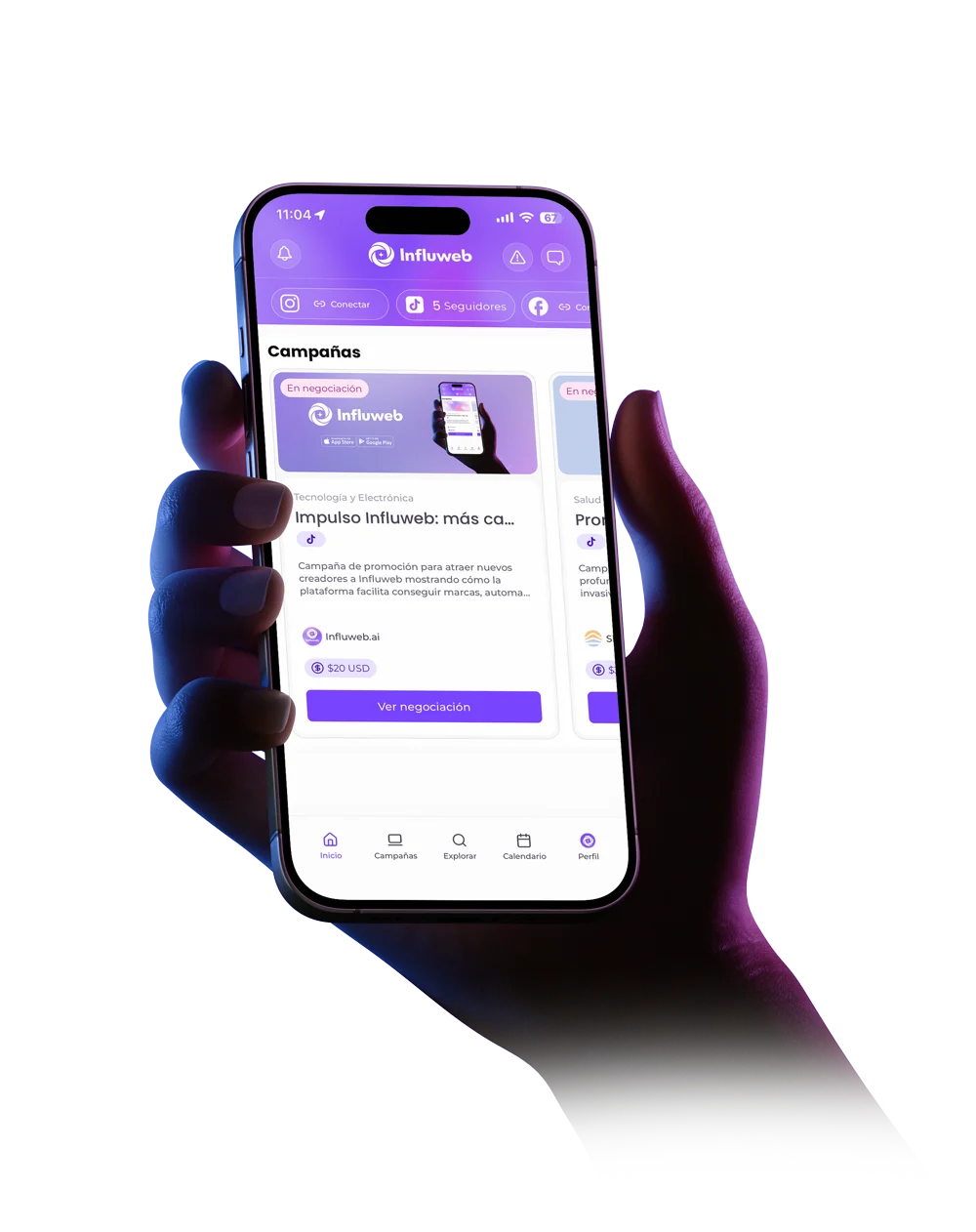 La aplicación de Influweb mostrando campañas en un teléfono